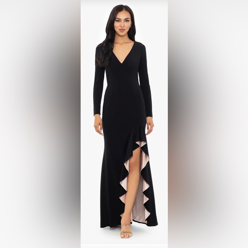 Xscape Black Long Sleeve V-Neck Evening Gown with Ruffled Contrast Slit